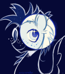 Size: 1280x1464 | Tagged: safe, artist:onionpwder, imported from derpibooru, star hunter, pegasus, pony, alternate design, blue pupils, bluescale, bust, colored pupils, freckles, looking back, looking up, male, monochrome, portrait, requested art, signature, smiling, solo, sparkles, sparkly eyes, spiky mane, spread wings, stallion, three quarter view, wingding eyes, wings