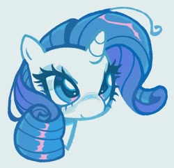 Size: 1203x1164 | Tagged: safe, artist:onionpwder, imported from derpibooru, rarity, pony, unicorn, alternate mane color, big eyes, blue blush, blue eyes, blue eyeshadow, blue mane, blue pupils, bluescale, blush scribble, blushing, bust, colored eyelashes, colored pupils, eyeshadow, female, horn, makeup, mare, monochrome, portrait, ringlets, shiny eyes, shiny mane, simple background, small horn, smiling, solo, three quarter view, unicorn horn, white background, white coat