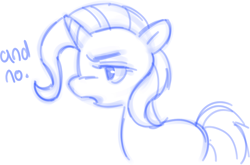 Size: 1017x670 | Tagged: safe, artist:onionpwder, imported from derpibooru, trixie, pony, unicorn, blue text, dialogue, female, frown, horn, mare, missing cutie mark, narrowed eyes, open frown, open mouth, profile, simple background, solo, talking, thick horn, unicorn horn, white background