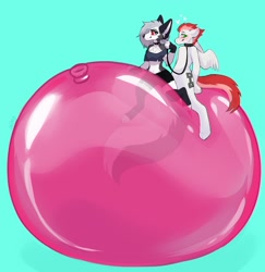 Size: 1960x2018 | Tagged: safe, artist:rubyinflation, imported from derpibooru, oc, oc:swift apex, anthro, hellhound, pegasus, balloon, balloon fetish, balloon riding, collar, dominant, female, femdom, fetish, helluva boss, leash, loona (helluva boss), pegasus oc, wings