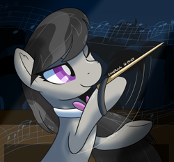 Size: 1578x1465 | Tagged: safe, artist:notadeliciouspotato, imported from derpibooru, octavia melody, earth pony, pony, audience, bust, clothes, conductor's baton, female, mare, motion lines, necktie, one eye closed, sheet music, silhouette, smiling, solo focus