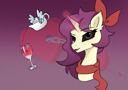 Size: 842x595 | Tagged: safe, artist:pursoul, imported from derpibooru, oc, oc only, oc:erhai ripple, alcohol, black eye, clothes, female, glass, gradient background, looking at you, magic, scarf, solo, teapot, wine, wine glass