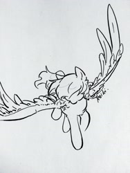 Size: 3120x4160 | Tagged: source needed, safe, artist:reiki, imported from derpibooru, scootaloo, pegasus, female, flying, grayscale, large wings, lineart, monochrome, simple background, solo, white background, wings