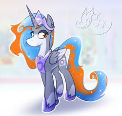 Size: 1631x1546 | Tagged: safe, artist:ossilia flawol, imported from derpibooru, oc, oc only, oc:portal bump, alicorn, alicorn oc, coat markings, colored wings, companion cube, crown, ethereal mane, ethereal tail, female, gradient wings, horn, jewelry, long horn, looking at you, older, portal (valve), regalia, ring, socks (coat markings), solo, tail, wedding ring, wings