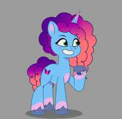 Size: 362x353 | Tagged: safe, imported from derpibooru, pony, unicorn, bracelet, coat markings, female, freckles, friendship bracelet, g5, gray background, horn, jewelry, mare, misty brightdawn, my little pony: tell your tale, raised hoof, rebirth misty, simple background, smiling, socks (coat markings), solo, toon boom