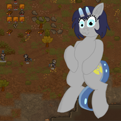 Size: 940x940 | Tagged: safe, artist:xada, imported from derpibooru, oc, oc only, alien, alien pony, hybrid, pony, antennae, blue mane, blue tail, eyelashes, female, game screencap, gray coat, mare, owo, rimworld, solo, tail, tail between legs, two toned tail