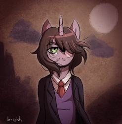 Size: 1080x1095 | Tagged: safe, artist:bkiltersot, imported from derpibooru, oc, oc only, oc:midnight scrawl, anthro, pony, unicorn, clothes, facial hair, front view, glasses, green eyes, hair over one eye, horn, necktie, shirt, solo, suit, vest, windswept mane