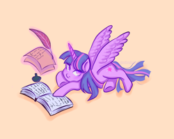 Size: 2250x1792 | Tagged: safe, artist:soleani, imported from derpibooru, twilight sparkle, alicorn, pony, book, female, glowing, glowing horn, high angle, horn, inkwell, looking up, lying down, mare, prone, quill, simple background, solo, spread wings, twilight sparkle (alicorn), underhoof, wings, yellow background