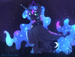 Size: 1910x1447 | Tagged: safe, artist:mattewzone, imported from derpibooru, princess luna, alicorn, pony, female, looking at you, mare, raised hoof, sitting, smiling, smiling at you, solo