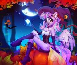 Size: 4200x3587 | Tagged: safe, artist:radioaxi, imported from derpibooru, oc, oc only, alicorn, anthro, alicorn oc, ass, butt, clothes, corset, female, forest, hat, horn, leaf, leaves, looking at you, moon, nature, not twilight sparkle, open mouth, outdoors, pumpkin, sitting, solo, tree, wings, witch hat