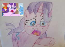 Size: 4096x2963 | Tagged: safe, artist:victoric1993, imported from derpibooru, starlight glimmer, sunburst, trixie, pony, unicorn, a horse shoe-in, season 9, spoiler:s09, big no, colored pencil drawing, crying, cute, dramatic, esophagus, female, glimmerbetes, horn, mare, my little pony, no, open mouth, phyllis no!, reaction image, sad, sadorable, scene interpretation, school, screaming, screencap reference, starlight glimmer is best facemaker, traditional art, trio, uvula, woobie, yamero