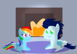 Size: 3553x2499 | Tagged: safe, anonymous artist, derpibooru exclusive, imported from derpibooru, rainbow dash, soarin', pegasus, pony, series:soarindash all seasons, series:soarindash romantic tales, series:soarindash winter, female, fireplace, looking at each other, looking at someone, lying down, male, mare, pointy ponies, shipping, smiling, smiling at each other, soarindash, stallion, straight