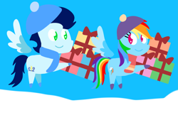 Size: 3553x2499 | Tagged: safe, anonymous artist, derpibooru exclusive, imported from derpibooru, rainbow dash, soarin', pegasus, pony, series:soarindash hearth's warming, series:soarindash romantic tales, christmas, christmas gift, female, flying, hearth's warming, holiday, looking at each other, looking at someone, male, mare, pointy ponies, present, shipping, smiling, snow, soarindash, stallion, straight, winter, winter clothes