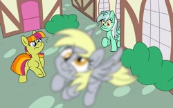 Size: 1350x840 | Tagged: safe, artist:unitxxvii, imported from derpibooru, derpy hooves, lyra heartstrings, sweetcream scoops, pegasus, pony, unicorn, butt, female, flying, horn, it's coming right at us, looking back, mare, missing horn, outdoors, plot, ponyville, question mark, trio