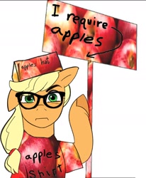 Size: 1302x1580 | Tagged: safe, artist:aztrial, imported from derpibooru, applejack, earth pony, pony, apple, clothes, female, food, glasses, hat, mare, sign, solo