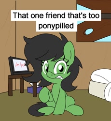 Size: 900x980 | Tagged: safe, artist:unitxxvii, imported from derpibooru, oc, oc only, oc:filly anon, earth pony, pony, /mlp/, bedroom, computer, female, filly, foal, gritted teeth, indoors, laptop computer, looking at you, sitting, solo, teeth, text, tissue box