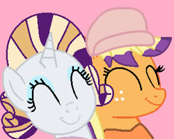 Size: 316x252 | Tagged: safe, artist:jadeharmony, imported from derpibooru, applejack, rarity, earth pony, pony, unicorn, bailey (wild manes), base used, clothes, cosplay, costume, crossover, duo, duo female, dyed mane, eyes closed, eyeshadow, female, finley (wild manes), freckles, hat, horn, implied finbailey, lesbian, makeup, mare, pink background, rarijack, shipping, simple background, smiling, wild manes