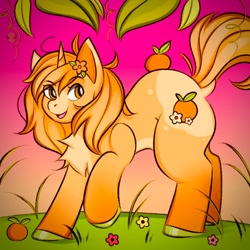 Size: 1000x1000 | Tagged: safe, artist:namelessplaza, imported from derpibooru, oc, oc only, pony, unicorn, flower, flower in hair, food, gift art, horn, leaf, open mouth, orange