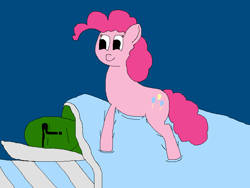 Size: 800x600 | Tagged: safe, imported from derpibooru, pinkie pie, oc, oc:anon, earth pony, human, pony, bed, silly, sleeping, smiling