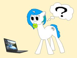 Size: 800x600 | Tagged: safe, artist:jittermouse, imported from derpibooru, oc, oc:compushka, pony, unicorn, computer, confused, dvd, horn, laptop computer, microsoft windows, mouth hold, ms paint, solo, thought bubble, windows, windows xp