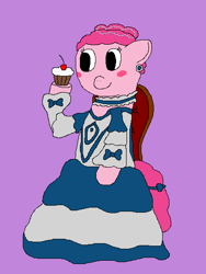 Size: 415x553 | Tagged: safe, artist:jittermouse, imported from derpibooru, pinkie pie, pony, blush sticker, blushing, chair, clothes, cupcake, dress, ear piercing, earring, food, jewelry, marie antoinette, ms paint, piercing, pinktober, sitting, solo