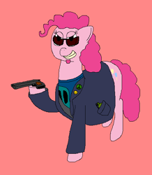 Size: 498x570 | Tagged: safe, artist:jittermouse, imported from derpibooru, pinkie pie, earth pony, pony, clothes, facial hair, grenade, grin, gun, ms paint, pinktober, postal 2, postal dude, shirt, smiling, solo, soul patch, sunglasses, t-shirt, trenchcoat, weapon