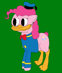 Size: 513x600 | Tagged: safe, artist:jittermouse, imported from derpibooru, pinkie pie, bird, duck, earth pony, pony, bowtie, clothes, disney, donald duck, ms paint, pinktober, sailor uniform, solo, uniform