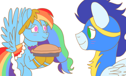 Size: 3752x2265 | Tagged: safe, artist:drawponiesblog, imported from derpibooru, rainbow dash, soarin', pegasus, pony, the best night ever, apple, apple pie, clothes, dress, female, food, gown, male, mare, my little pony, pie, rainbow dash's first gala dress, shipping, soarindash, stallion, straight, uniform, wonderbolts, wonderbolts uniform