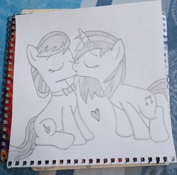 Size: 1280x1262 | Tagged: artist needed, source needed, safe, imported from derpibooru, dj pon-3, octavia melody, vinyl scratch, pony, unicorn, female, horn, kiss on the lips, kissing, lesbian, mare, scratchtavia, shipping, simple background, sketch, traditional art, white background