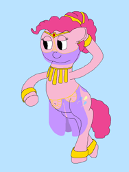 Size: 600x800 | Tagged: safe, artist:jittermouse, imported from derpibooru, pinkie pie, earth pony, pony, belly dancer, belly dancer outfit, bipedal, lidded eyes, ms paint, pinktober, smiling, solo, veil