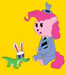 Size: 671x756 | Tagged: safe, artist:jittermouse, imported from derpibooru, gummy, pinkie pie, alligator, earth pony, pony, clothes, hat, ms paint, necktie, pinktober, sam and max, sitting, solo, suit