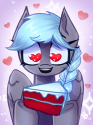 Size: 2229x3000 | Tagged: safe, artist:opal_radiance, imported from derpibooru, oc, oc only, pegasus, pony, braid, cake, cake slice, food, heart, heart eyes, solo, wingding eyes