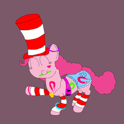 Size: 800x800 | Tagged: safe, artist:jittermouse, imported from derpibooru, pinkie pie, earth pony, pony, clothes, dancing, denim, denim shorts, eyes closed, glowstick, hat, heart, hoofprints, jewelry, leg warmers, ms paint, paint, pendant, pinktober, shorts, solo, stripes, top hat, tube top