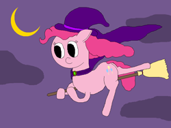 Size: 800x600 | Tagged: safe, artist:jittermouse, imported from derpibooru, pinkie pie, earth pony, pony, broom, cloak, clothes, flying, hat, moon, ms paint, night, pinktober, solo, witch, witch hat