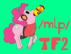 Size: 700x532 | Tagged: safe, artist:jittermouse, imported from derpibooru, pinkie pie, earth pony, pony, /mlp/, /mlp/ tf2 general, bag, clothes, drink, drinking, energy drink, headset, ms paint, scout (tf2), shirt, solo, t-shirt, team fortress 2