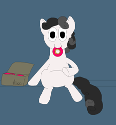 Size: 1200x1289 | Tagged: safe, artist:jittermouse, imported from derpibooru, oc, oc:pon-pushka, earth pony, pony, box, caught, donut, eating, food, implied anon, ms paint, pon-pushka, sitting, solo