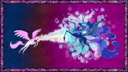 Size: 1920x1080 | Tagged: safe, imported from derpibooru, screencap, nightmare moon, princess celestia, alicorn, pony, friendship is magic, blast, element of generosity, element of honesty, element of kindness, element of laughter, element of loyalty, element of magic, elements of harmony, female, magic, magic blast, mare, my little pony, pink-mane celestia