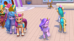 Size: 1187x658 | Tagged: safe, imported from derpibooru, screencap, hitch trailblazer, izzy moonbow, pipp petals, sunny starscout, zipp storm, earth pony, pegasus, pony, unicorn, 3d, budge studios, cheerful, crystal brighthouse, female, g5, game, horn, indoors, male, mane five, my little pony world, out of context, raised hoof, standing, unamused