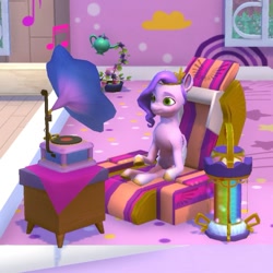 Size: 757x757 | Tagged: safe, imported from derpibooru, pipp petals, pegasus, pony, 3d, budge studios, chair, crystal brighthouse, furniture, g5, game, indoors, lantern, listening to music, my little pony world, peaceful, sitting, teapot