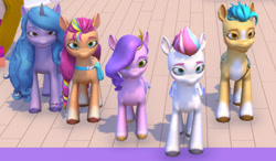 Size: 932x546 | Tagged: safe, imported from derpibooru, hitch trailblazer, izzy moonbow, pipp petals, sunny starscout, zipp storm, earth pony, pegasus, pony, unicorn, 3d, budge studios, crystal brighthouse, front view, g5, game, horn, indoors, mane five, my little pony world, standing, unamused, video game