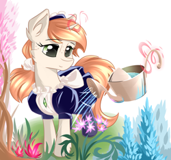 Size: 4400x4100 | Tagged: safe, artist:dreamweaverpony, imported from derpibooru, oc, oc only, oc:lumi, pony, unicorn, clothes, cute, ear fluff, female, flower, freckles, glowing, glowing horn, green eyes, horn, levitation, magic, magic aura, maid, mare, telekinesis, unicorn oc, watering can