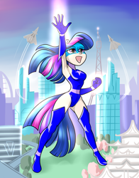 Size: 3300x4200 | Tagged: safe, artist:dreamweaverpony, imported from derpibooru, twilight sparkle, human, armpits, boots, breasts, busty twilight sparkle, clothes, humanized, macro, magic gaia, open mouth, raised hand, shoes, superhero, thigh boots