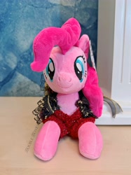 Size: 3749x4999 | Tagged: safe, imported from derpibooru, pinkie pie, earth pony, original species, plush pony, pony, clothes, dress, front view, irl, looking at you, lying down, merchandise, official, outfit, photo, plushie, reesee, smiling