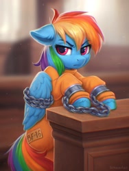 Size: 1500x2000 | Tagged: safe, alternate version, artist:scheadar, imported from derpibooru, rainbow dash, pegasus, pony, bound wings, chained, chains, courtroom, grumpy, never doubt rainbowdash69's involvement, prisoner, prisoner rd, shackles, wings