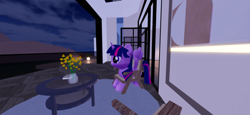 Size: 2796x1290 | Tagged: safe, imported from derpibooru, twilight sparkle, pony, 3d, 3d model, chair, flower, furniture, game, mod, night, open door, roblox, side view, sitting, solo, table, video game, wings