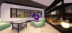 Size: 2796x1290 | Tagged: safe, imported from derpibooru, twilight sparkle, pony, 3d, 3d model, book, bookshelf, chair, fireplace, flower, indoors, light, living room, mod, plant, roblox, side view, sitting, solo, table, wings