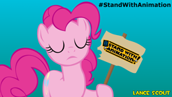 Size: 1920x1080 | Tagged: safe, artist:lancescout, imported from derpibooru, pinkie pie, sign, stand with animation