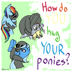 Size: 768x768 | Tagged: safe, artist:kharmacal, derpibooru exclusive, imported from derpibooru, derpy hooves, rainbow dash, trixie, oc, oc:anon, pegasus, unicorn, caption, horn, hug, image macro, passepartout, sunglasses, text, tongue out, winghug, wings