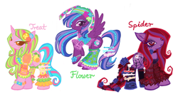 Size: 2338x1299 | Tagged: safe, artist:eyerealm, artist:junglicious64, imported from derpibooru, oc, oc only, oc:flower, oc:spider, oc:treat, earth pony, pegasus, pony, unicorn, adoptable, adoptable open, blouse, blue eyeshadow, blushing, bracelet, braid, brown eyelashes, brown pupils, cardigan, choker, clothes, collaboration, colored lineart, colored pupils, colored sclera, colorful, earth pony oc, eye clipping through hair, eyelashes, eyeshadow, female, female oc, flower, flower in tail, for sale, frilly socks, goth, green text, hair accessory, hat, high heels, hoof shoes, horn, jewelry, kidcore, lace, leg warmers, lidded eyes, lip piercing, lipstick, long eyelashes, long mane, long tail, makeup, mane accessory, mare, mare oc, multicolored mane, multicolored tail, orange eyes, pegasus oc, piercing, pink coat, pink eyes, pink text, profile, puffy sleeves, purple coat, purple eyelashes, purple eyeshadow, purple lipstick, purple pupils, rearing, red eyes, red mane, red tail, red text, rose, see-through, shawl, shirt, shoes, signature, simple background, smiling, snake bites, socks, sparkly shoes, spread wings, standing, stockings, tail, thick eyelashes, thigh highs, thorn, three quarter view, trio, trio female, tropical, two toned mane, two toned tail, unicorn horn, unicorn oc, wall of tags, watermark, wavy mane, wavy tail, white background, wings