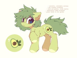 Size: 2360x1794 | Tagged: safe, artist:mirtash, imported from derpibooru, oc, oc only, oc:avocado pony, earth pony, pony, autism spectrum disorder, bags under eyes, big eyes, brown eyes, brown text, colored hooves, cute, ear fluff, earth pony oc, eye clipping through hair, eyebrows, eyebrows visible through hair, eyelashes, female, female oc, fluffy mane, fluffy tail, frown, green coat, green mane, green tail, hock fluff, hooves, leg fluff, looking back, mare, mare oc, nervous, ocbetes, raised hoof, shiny eyes, simple background, solo, standing, standing on three hooves, tail, three quarter view, wavy mouth, white background, yellow hooves